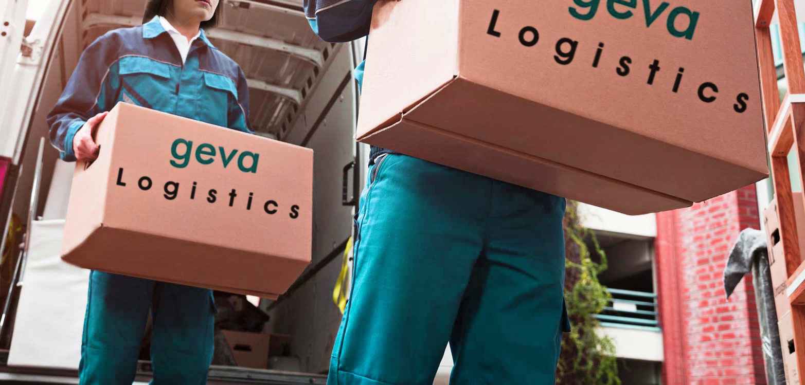 Workers carrying Geva logistics boxes